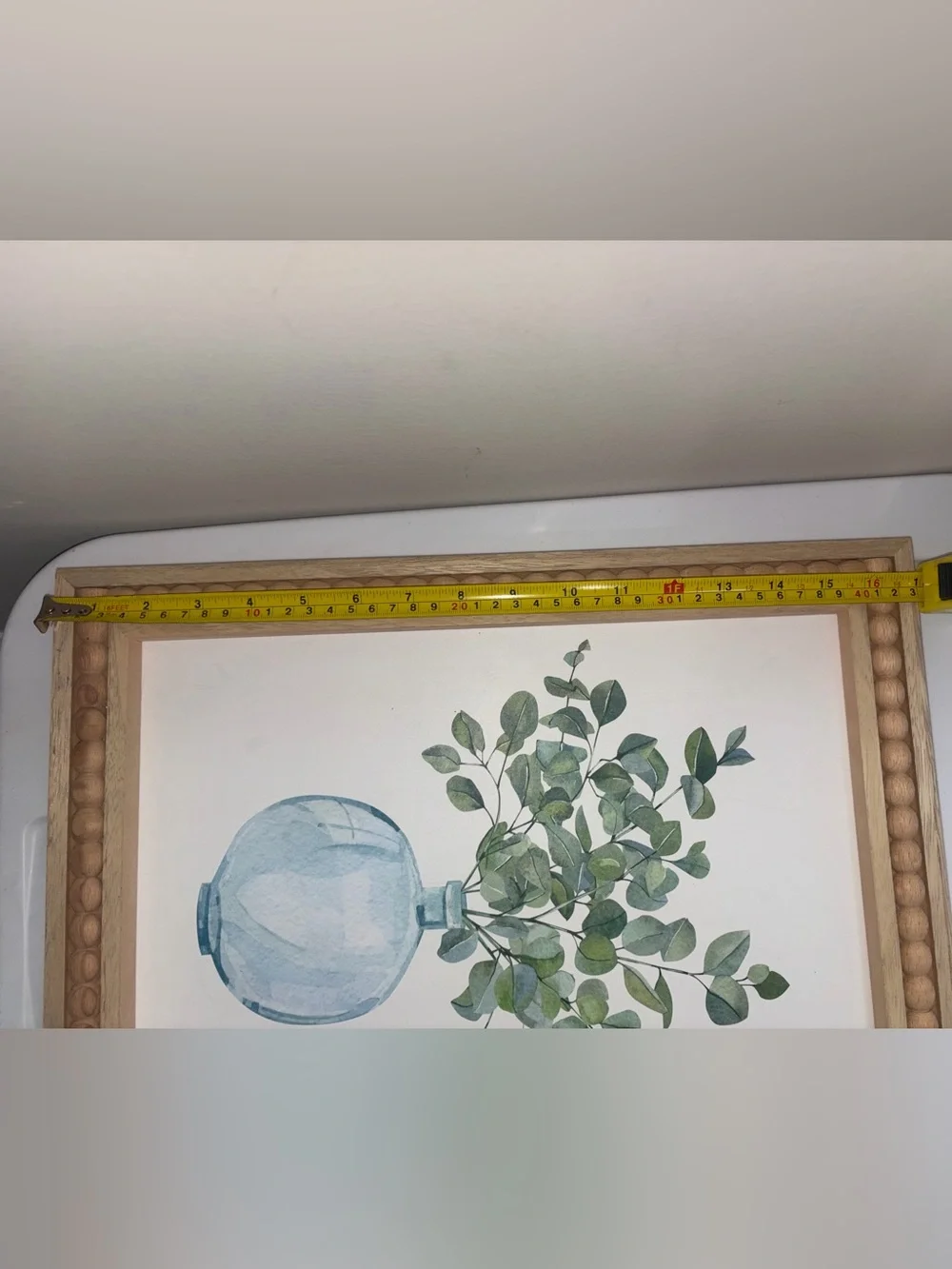 Framed Blue Vase and Green Eucalyptus Wall Art in Natural Wood